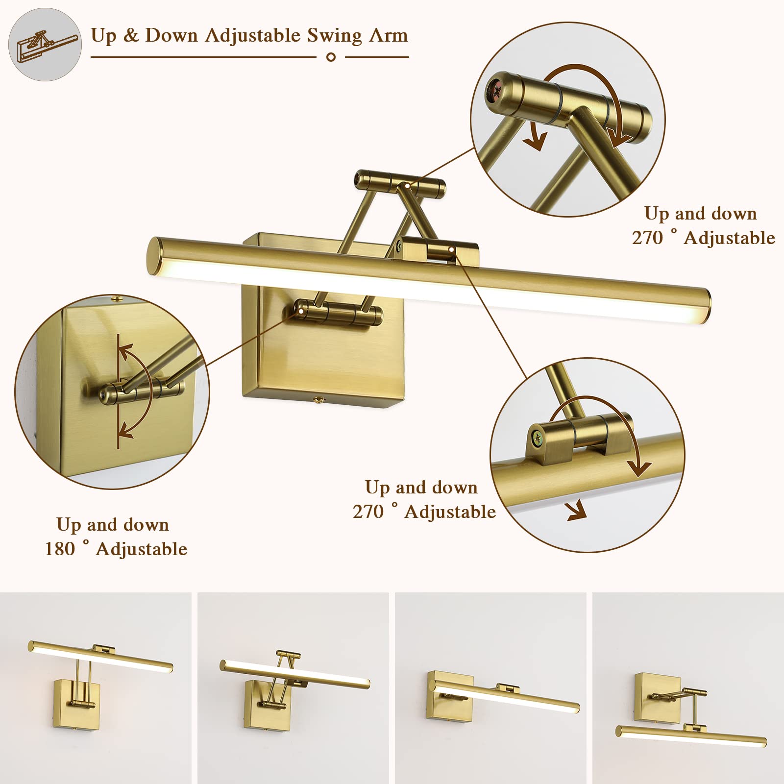Joossnwell LED Picture Lights for Paintings Dimmable 15.5 Inch Long Hard-Wired Picture Frame Lights Brass Gallery Wall Light with Adjustable Swing Arm Art Display Lamps 7W 3000K Warm White