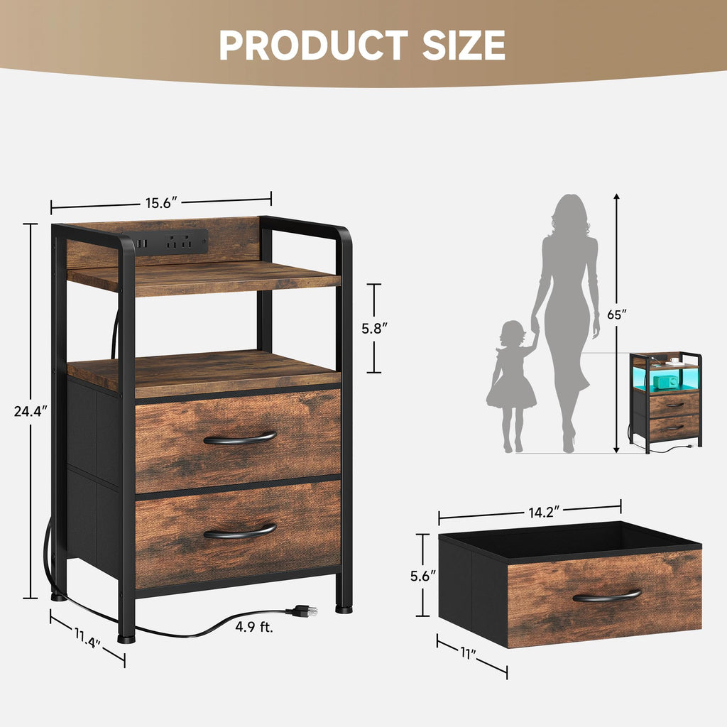 Lazzanto Night Stand Bedside Charger Bedroom - Nightstand with Charging Station & LED Light Strip, Night Stand with Storage Shelf & 2 Fabric Drawers, Morden End Table with U-S-B Ports & AC Outlets
