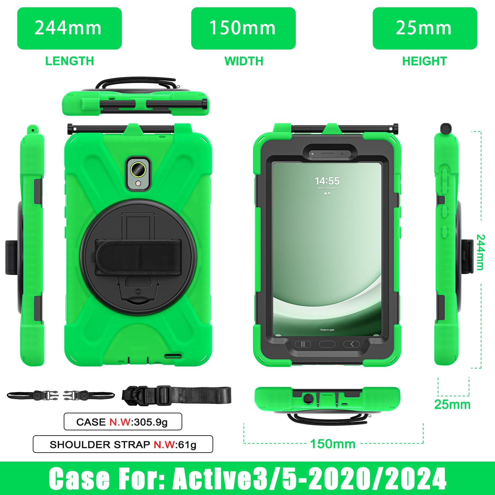 Samsung Galaxy Tab Active5/Active 3 8.0 Case, with 360 Stand, Handle Hand Strap & Shoulder Strap for Galaxy Tab Active5 8" 2024 X300/X307, Active3 8" 2020 T570/T575/T577 (Black)