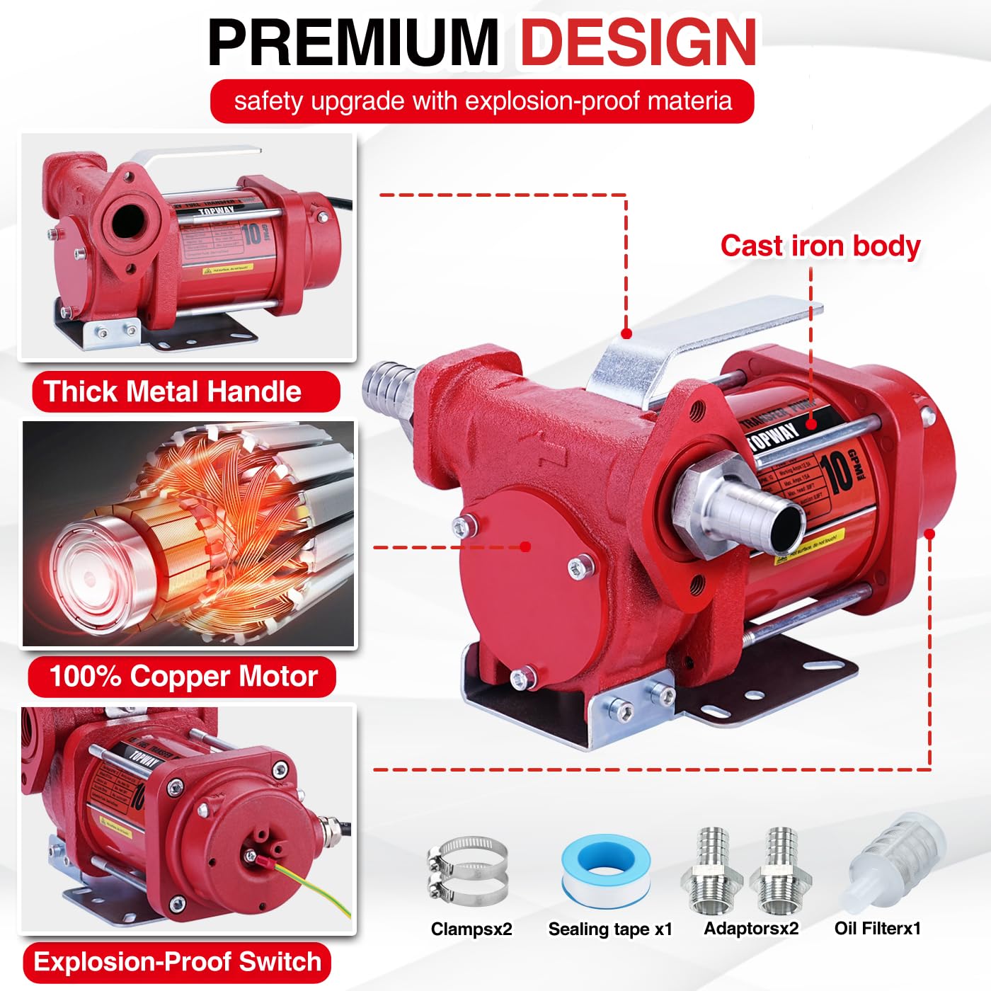 TOPWAY 12V DC Gasoline Fuel Pump 3.7GPM Self-priming Oil Transfer Pump With Handle, Reversible Pumping, Overheat Protection, Explosion-Proof, Built-in Bypass, for Gasoline Fuel Diesel Kerosene Removal