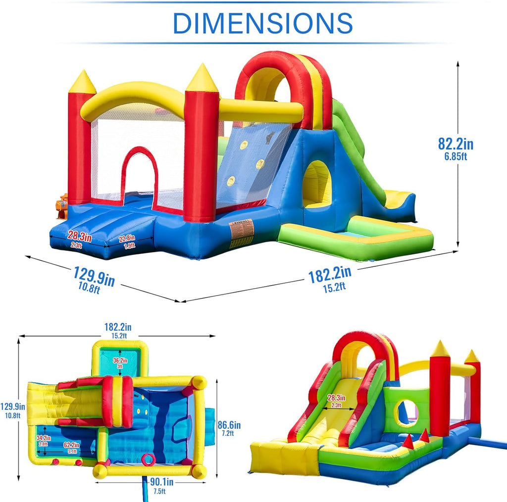 HuaKastro Large Bounce House for Big Kids – Inflatable Playground with Tall Slide, Climbing Wall, Water Pool, Bouncy Ball Pit, Tunnel, Ring Toss Cones, Perfect for Backyard Party Family Gatherings