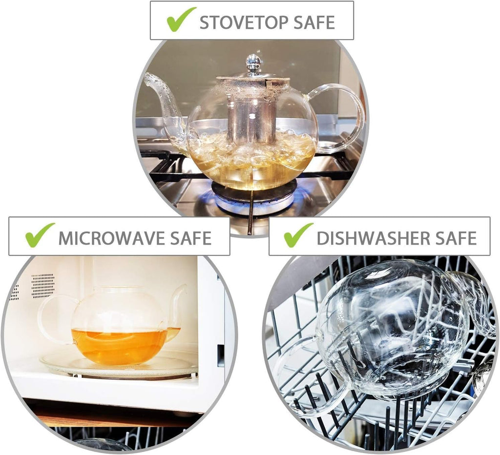 Kitchen Kite Glass Teapot Set with 4 Double Wall Tea Cups & Removable Stainless Steel Infuser, 35oz/1000ml Borosilicate Tea Kettle Stovetop Safe, Loose Leaf & Blooming Tea Maker Gift Set for Women