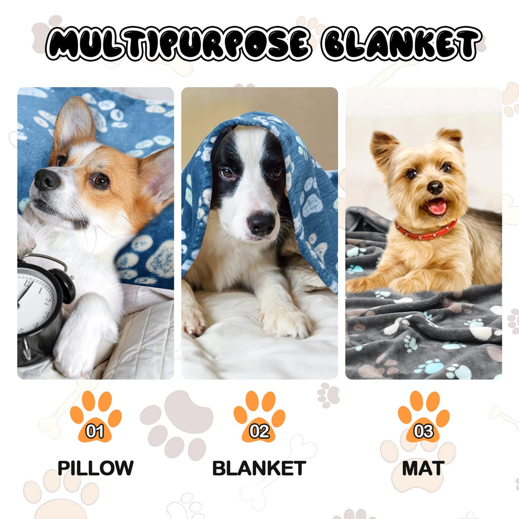 Rezutan 1 Pack 3 Dog Blanket for Large Dogs,41x31 inch for Medium Soft Fluffy Washable Pet Cat Blankets,Reversible Elephant & Paw Print for Dog Kennels & Beds, Sofas, Blue