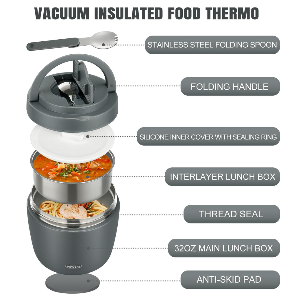 wiwens Thermo Food Jar for Hot Food Adults 32OZ Soup Thermo Lunch Containers Wide Mouth Vacuum Insulated Stainless Steel Leakproof Bento Box with Spoon (Beige)