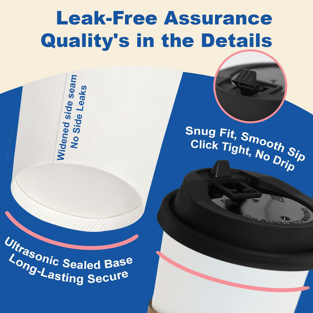 16 oz 100 Pack Corrugated Ripple Wall Disposable Coffee Cups with Lids and Straws, Heavy Duty Insulated Cups for Hot Beverage or Cold Drinks, Bulk for Restaurants, Offices, Coffee Shops(Black)