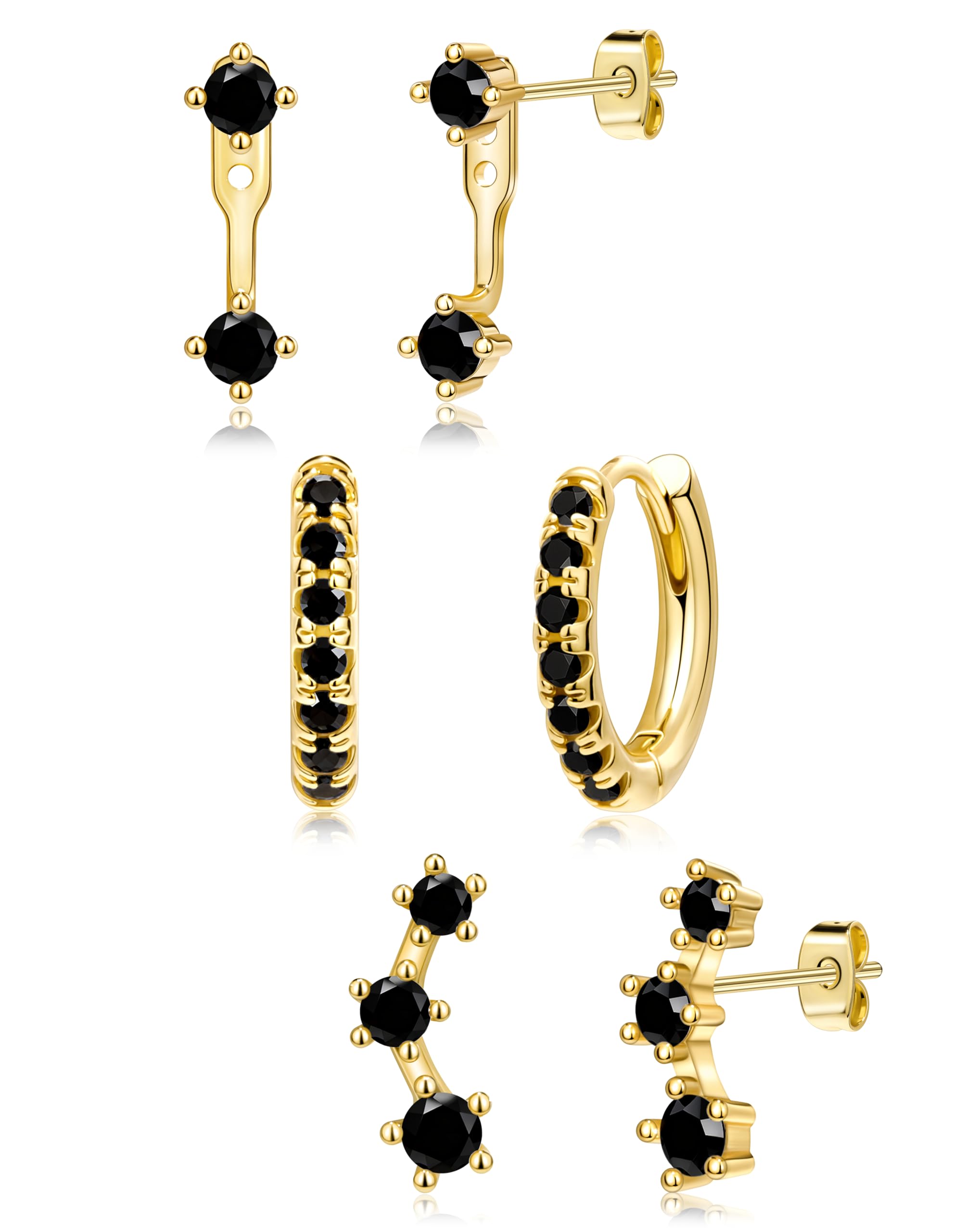 3 Pairs Dainty Small Earrings Set for Women Trendy, Birthstone Stud Huggie Hoop Jacket Stack for Cartilage Helix, Gold Plated Hypoallergenic Cute Women Fashion Accessories Western Jewelry Gifts