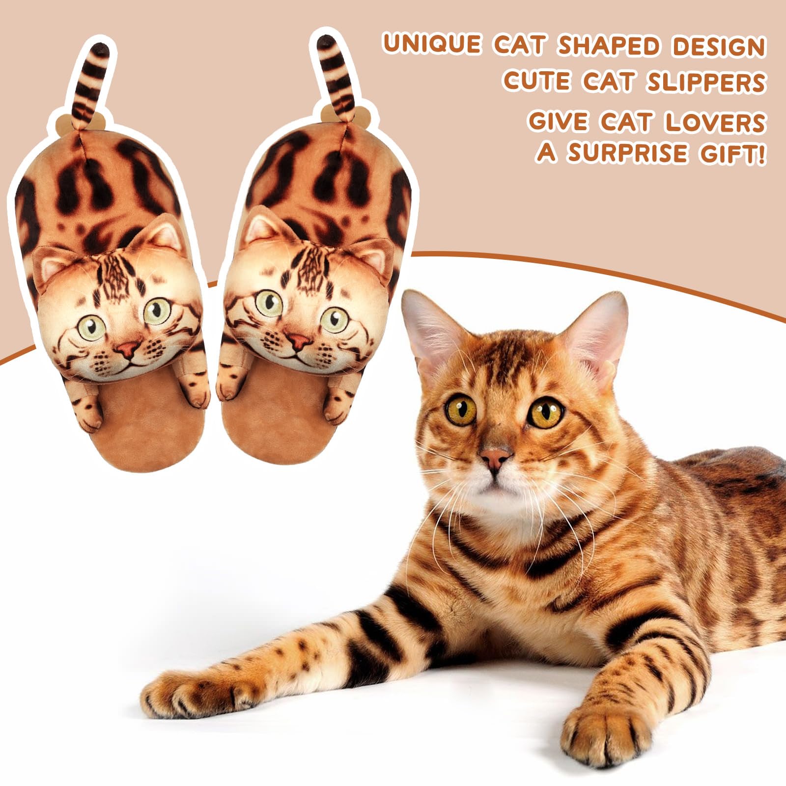 Funny Cat Slippers for Women,Fuzzy Animal Indoor House Shoes with Soft Memory Foam,Comfy Plush Warm Slip-on Slippers,Cat Gifts for Cat Lover
