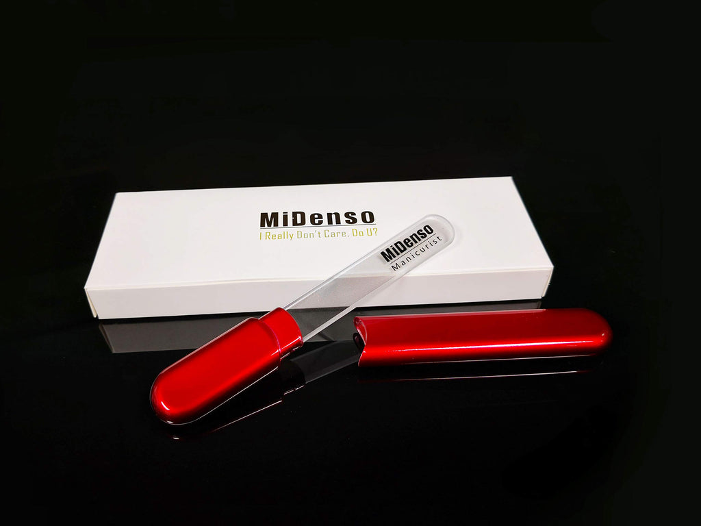 MiDenso Premium Glass Nail File with Case, Crystal Diamond Salon Nail Buffer for Natural and Acrylic Nails, Apricot Color, Japanese Nano Technology, 5.5 Inch