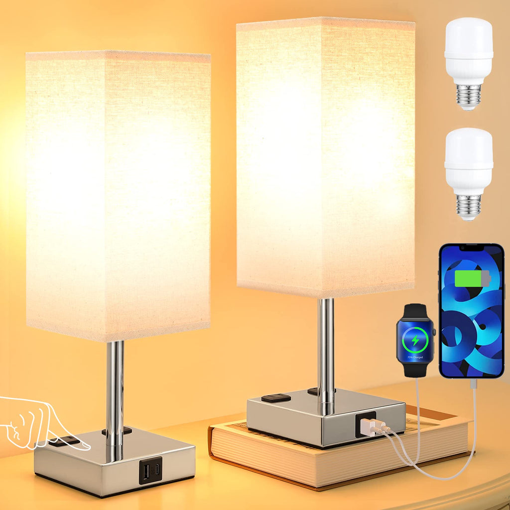 aooshine Set of 2 Touch Nightstand Lamp with USB-C+A Charge Ports& AC Outlets, 3-Way Dimmable Bedside Lamp with White Fabric Shade,Small Table Lamp for Bedroom Guest Room(Bulb Included)