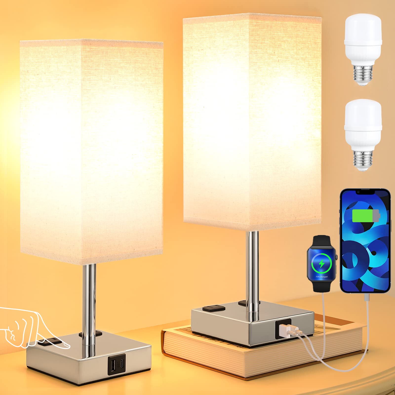 aooshine Set of 2 Touch Nightstand Lamp with USB-C+A Charge Ports& AC Outlets, 3-Way Dimmable Bedside Lamp with White Fabric Shade,Small Table Lamp for Bedroom Guest Room(Bulb Included)