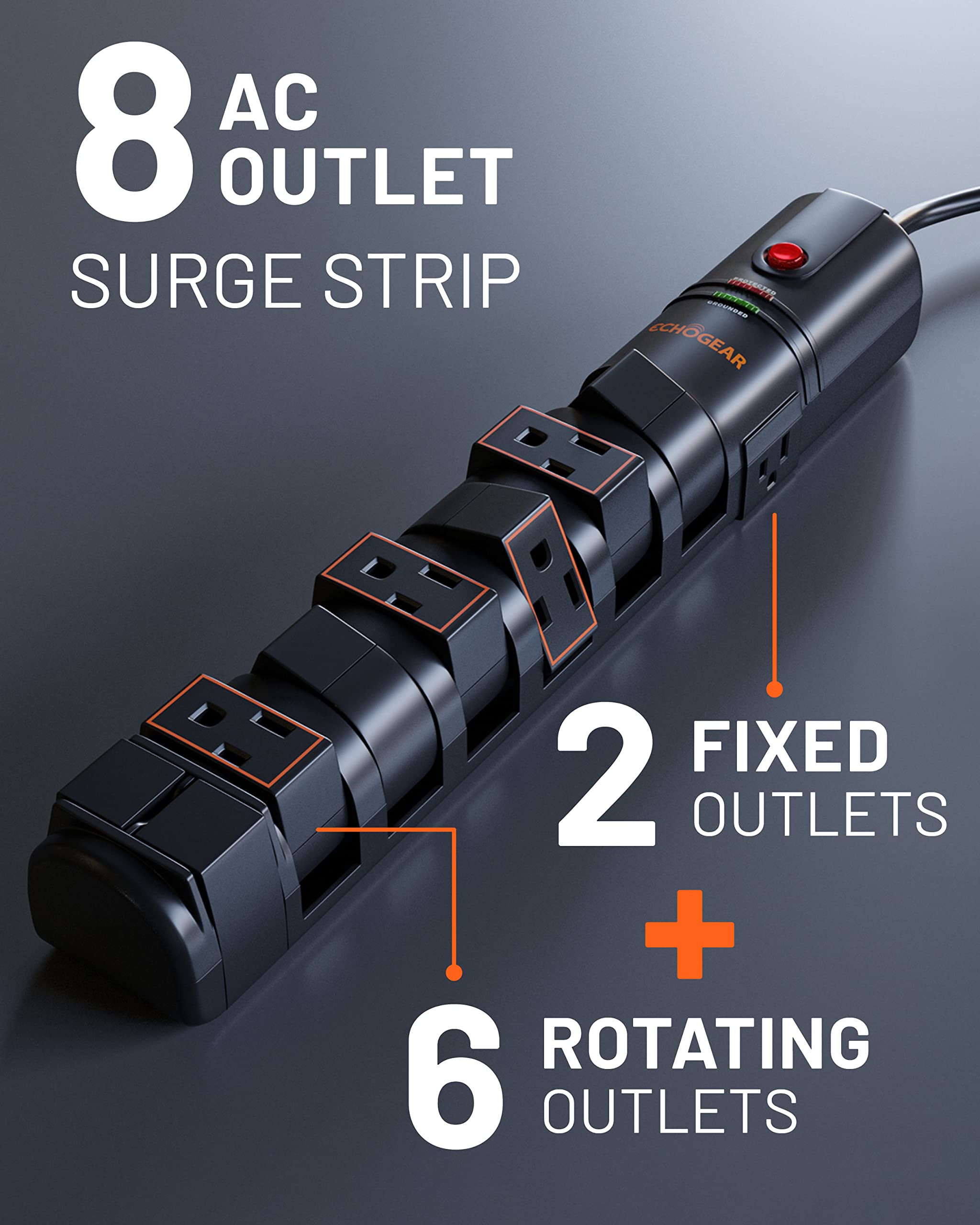 ECHOGEAR VoltSpin Surge Protector Power Strip with Rotating Outlets, Flat Plug, Long Cord, & Mounting Holes - Power Strip with Heavy Duty Surge Suppression Plus Built-in Cable Management