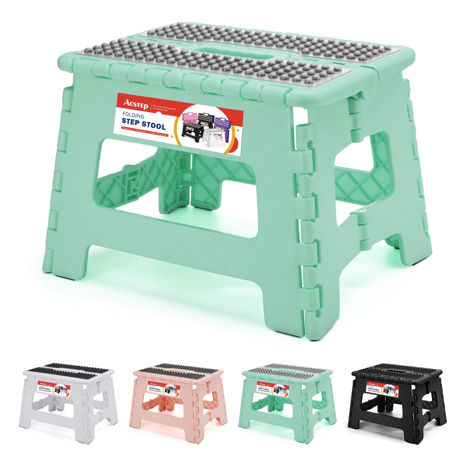 ACSTEP 9 Inch Folding Step Stool 300 LB Capacity Plastic Foldable Step Stools for Kids and Adults, Folding Stool Suitable for Kitchen, Stepping Stool with Handle Bicolor Green Small Step Stool 1PC