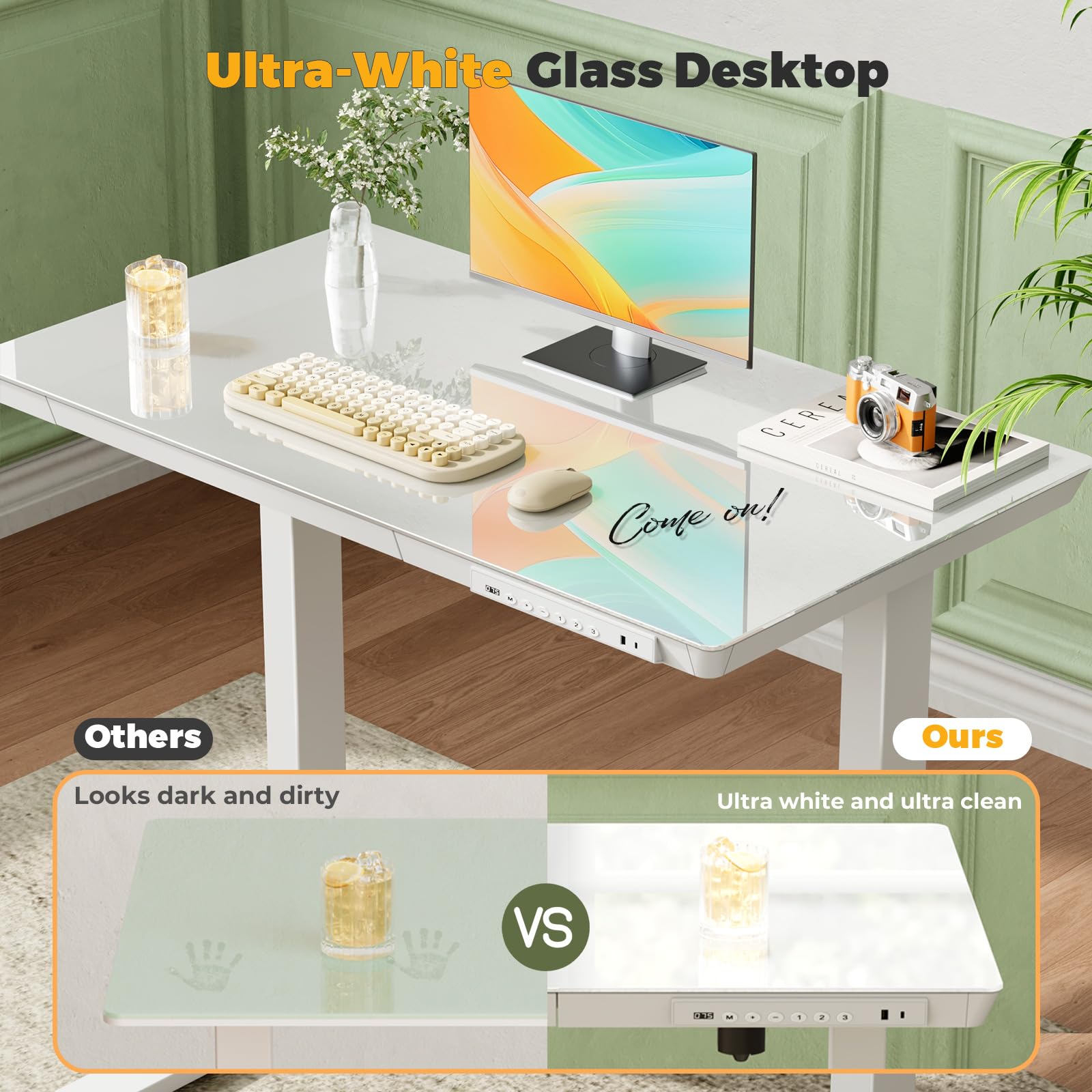 Glass Electric Standing Desk with Drawer, 35" x 20" Whole Piece Tabletop Samll Sit Stand Table, Height Adjustable Workstation with Storage & USB Ports, Quick Install Home Office Desk