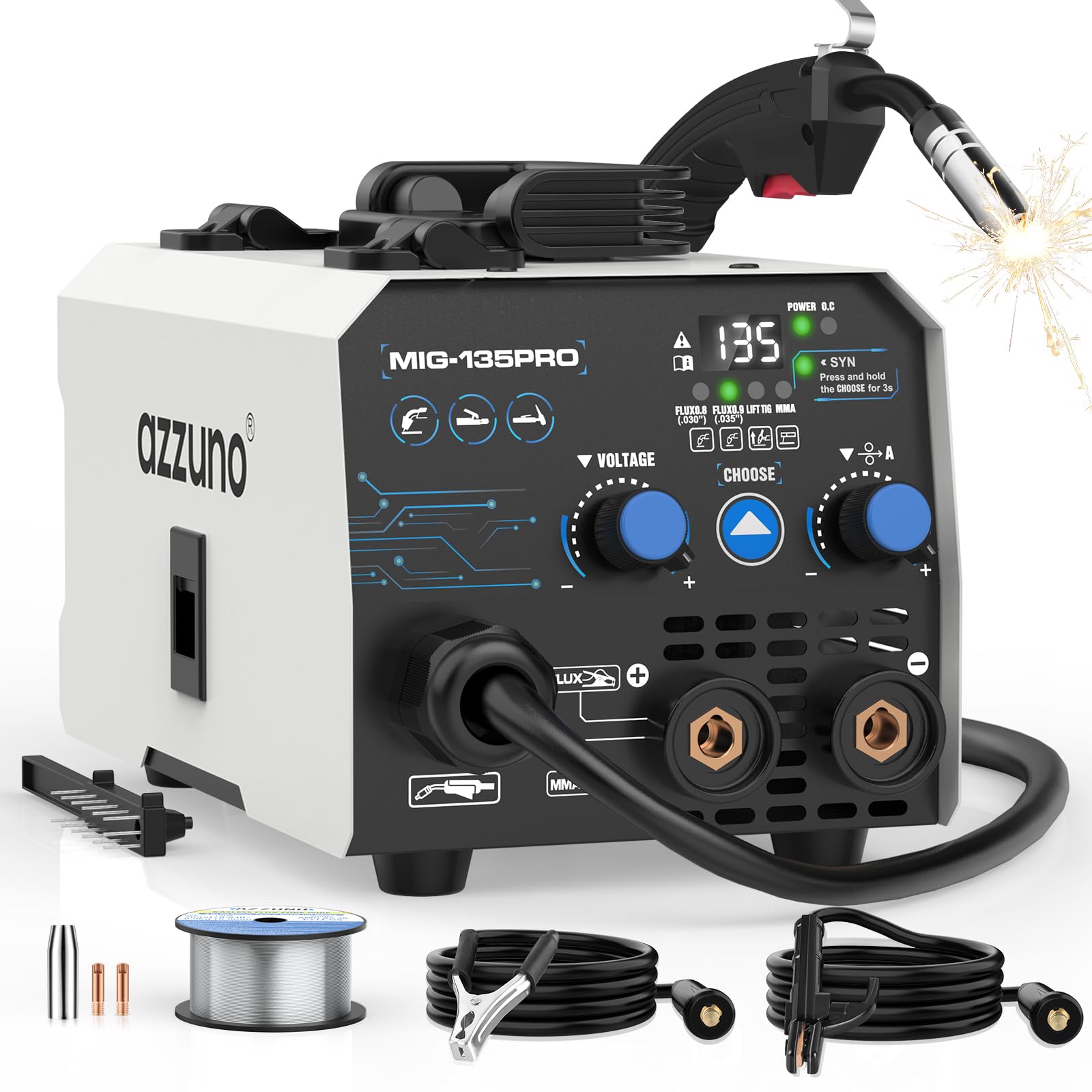 AZZUNO MIG Welder Machine 110V/220V, 155Amp 5-in-1 Gas MIG/Aluminum MIG/Gasless Flux MIG/Lift TIG/Stick Welding Machine, Wire Feed Welder