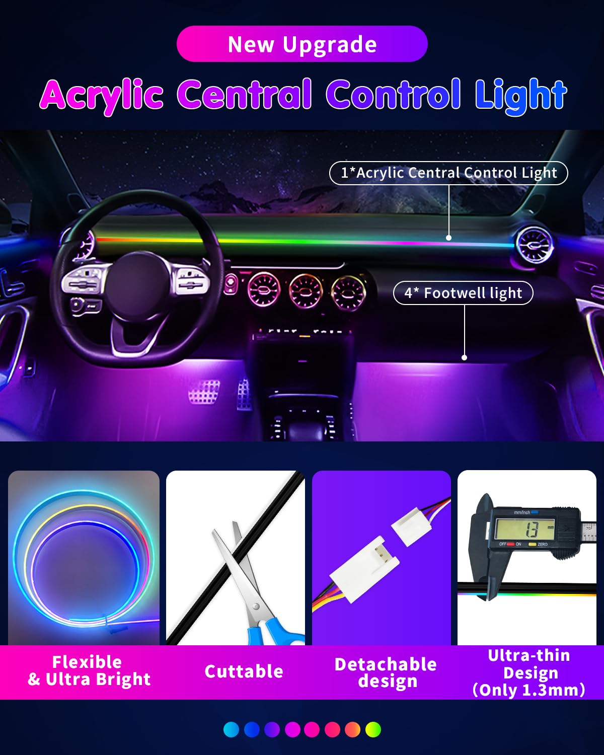 RGB Interior Car Strip Lights with Smart APP Control, Music Sync Under Dash Footwell Neon Internal Lighting Kit 2 Lines Design,12V LED Strip Lights for Cars, Trucks, SUVs with Car Charger(1 Set)
