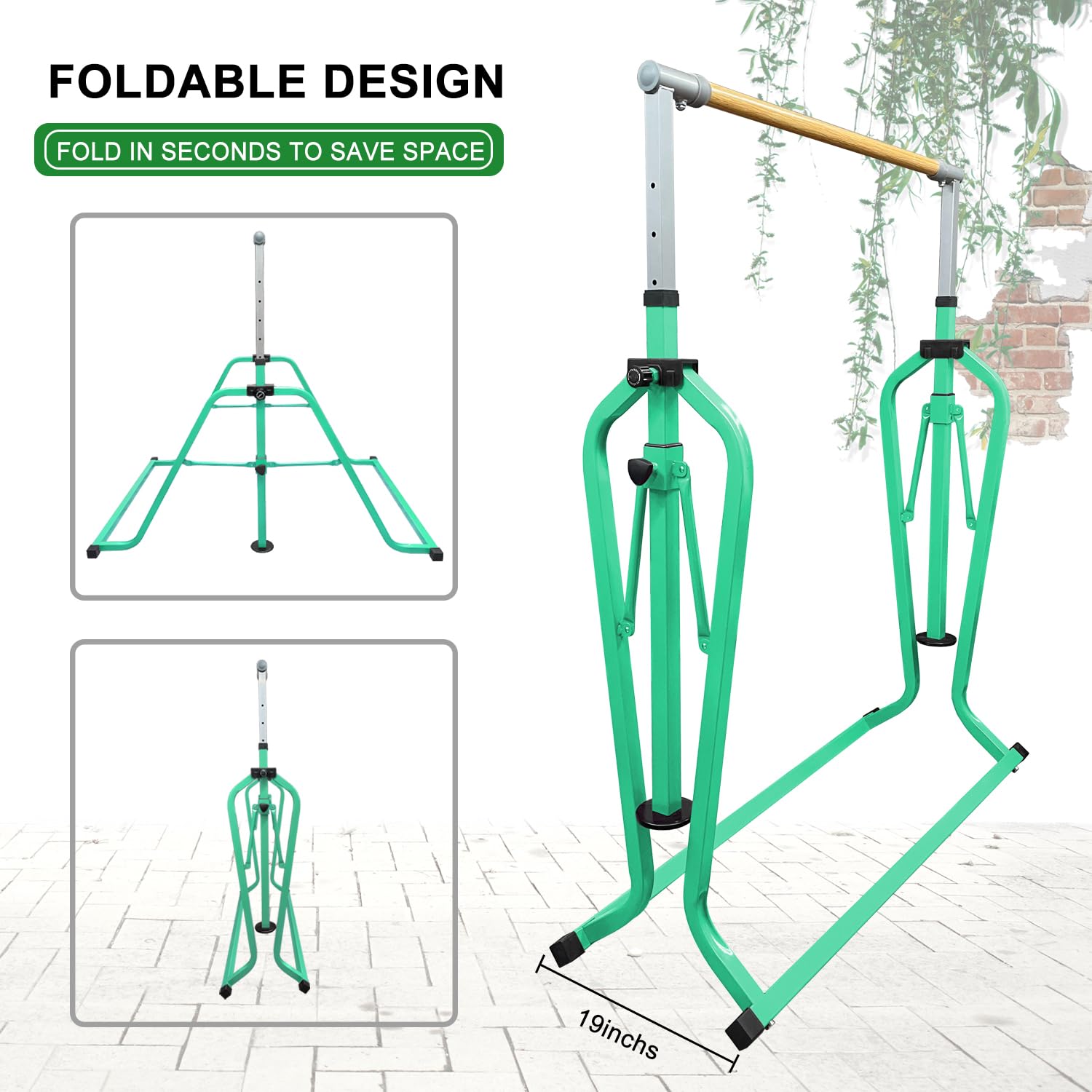 Foldable & Moveable Gymnastics Horizontal Bar with Rings,3’to 5’Adjustable Height Expandable Junior Kip Bar for Home,Indoor Gym Equipment for Kids