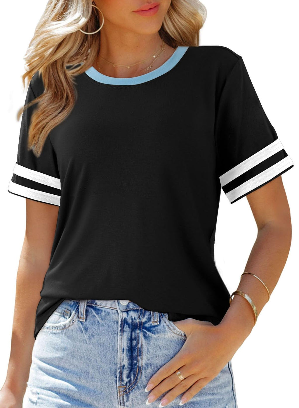 SHEWIN Women's Fashion Casual Crewneck Color Block T Shirts Short Sleeve Summer Tops Tees Slim Fit
