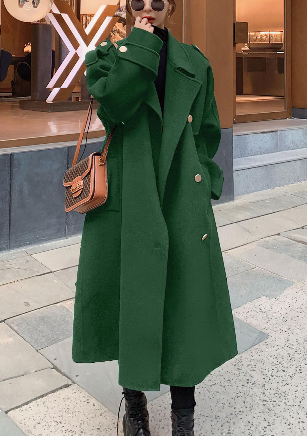 chouyatou Women's Winter Double Breasted Midi Long Wool Pea Coat Notch Lapel Winter Trench Coat