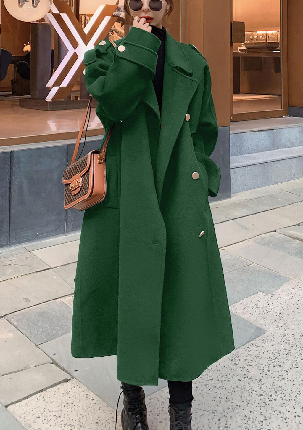 chouyatou Women's Winter Double Breasted Midi Long Wool Pea Coat Notch Lapel Winter Trench Coat