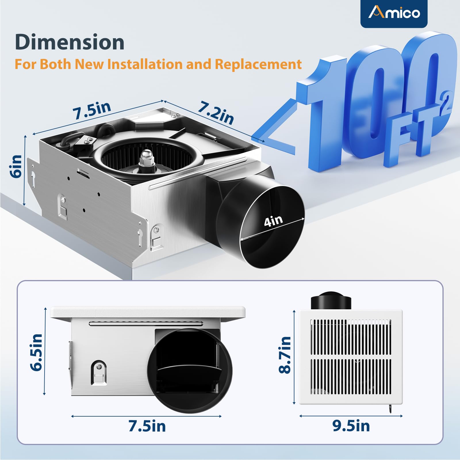 Amico Bathroom Exhaust Fan, 1.0 Sones, 80 CFM, Low Noise, Ceiling Mounted Retrofit Ventilation Fans, 4 Inch Duct, No Attic Access Needed- UL Certified