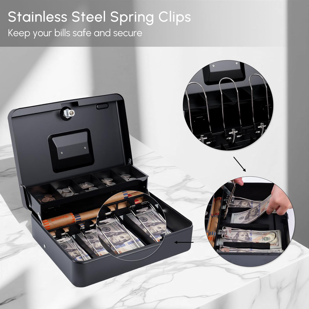 Cash Box with Money Tray and Key Lock, Saving Lock Box with Money Tray Storage for Cash Register 11.8"x9.45"x3.54" Black XL Large