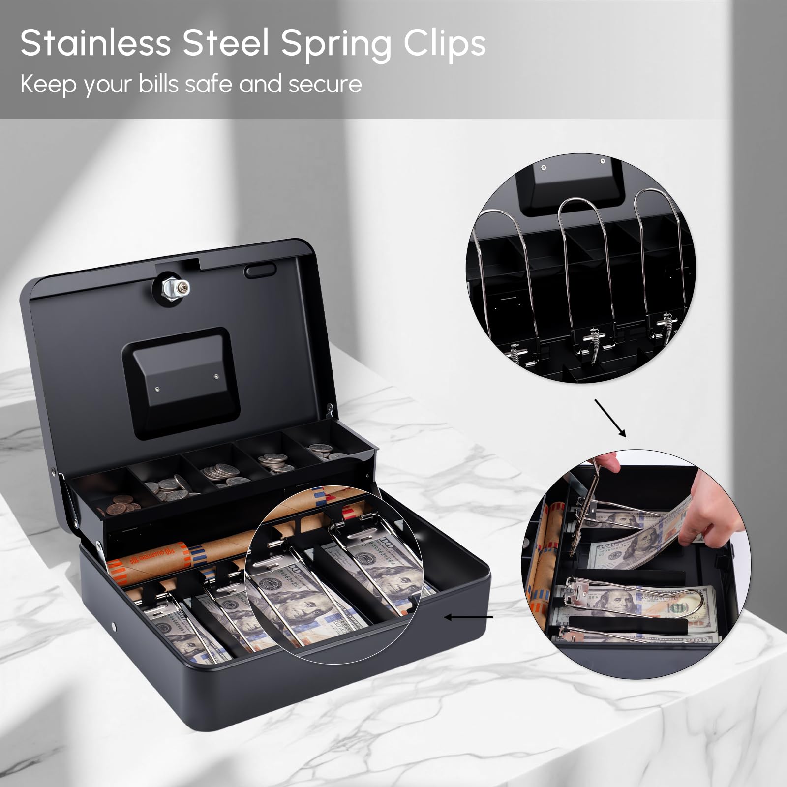 Cash Box with Money Tray and Key Lock, Saving Lock Box with Money Tray Storage for Cash Register 11.8"x9.45"x3.54" Black XL Large