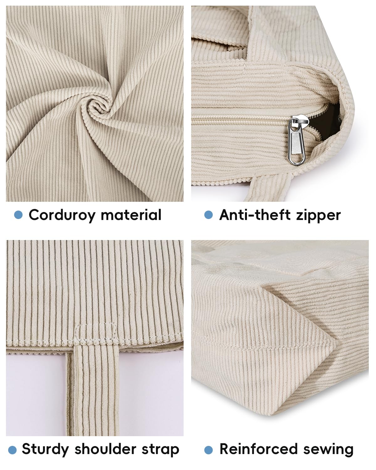 Iioscre Corduroy Tote Bag for Women,Hobo HandBags with Zipper,Large Capacity Casual Shoulder Handbags with Inner Pockets