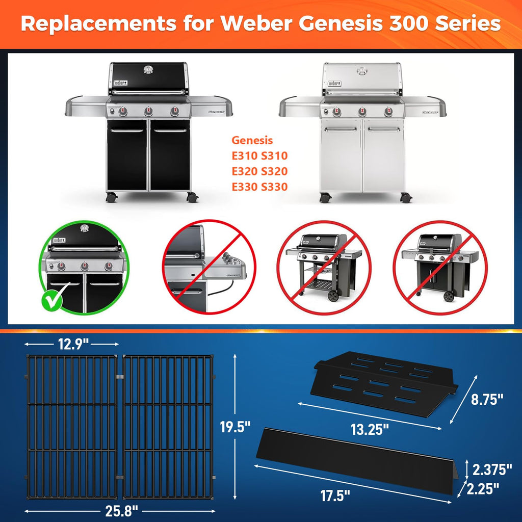Grill Parts for Weber Genesis 300 Grills with Front Control Knob, Grill Grates for Genesis E310 S310 E/S320 E/S330, 17.5" Flavorizer Bars&Heat Deflectors, 19.5" Grill Grates for Weber 7524 7621 65505