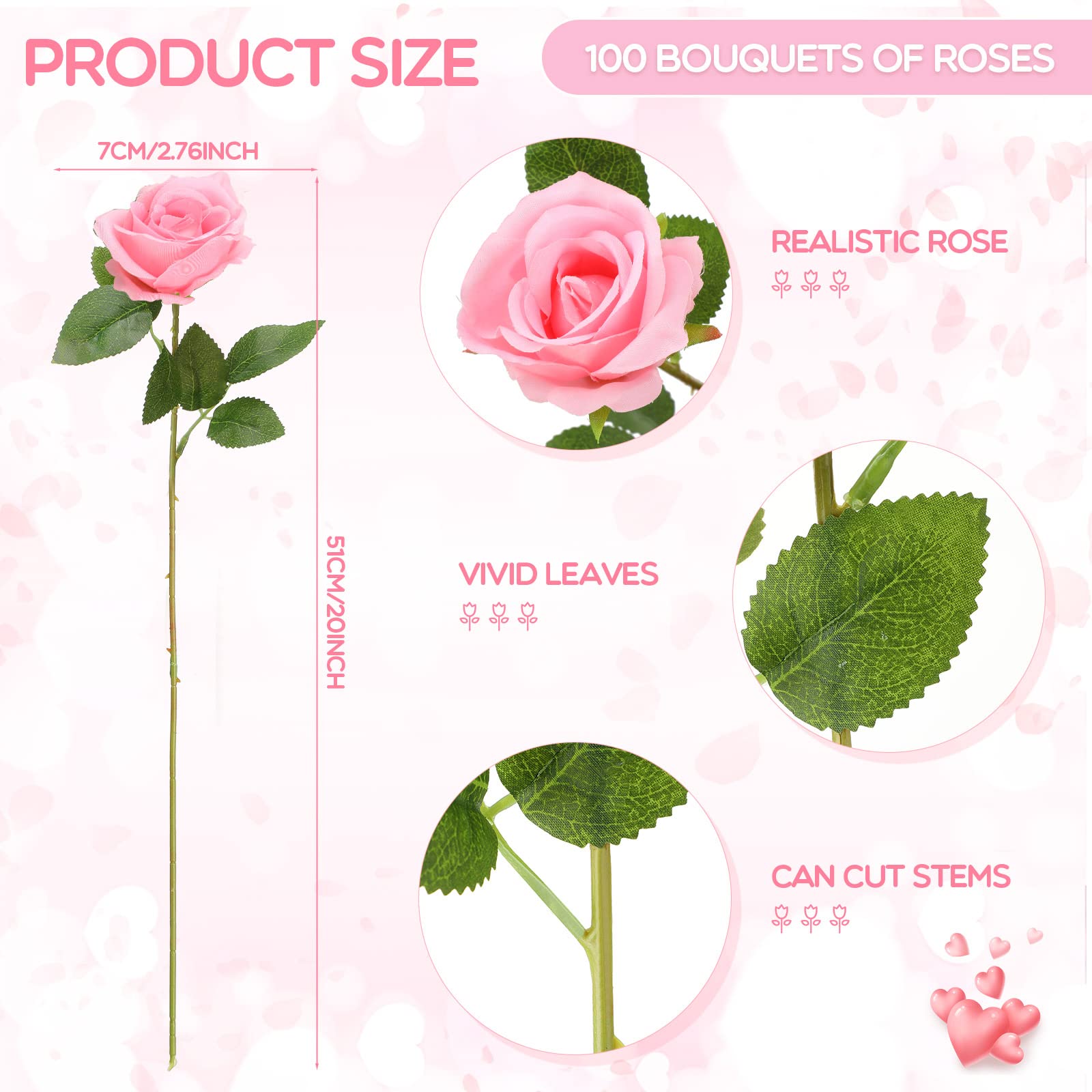 Jexine 100 Pieces Artificial Roses Flowers Bulk, Long Stem Realistic Fake Silk Roses Bouquet for Table Centerpiece Vases Wedding Party Kitchen Decor(Beige)