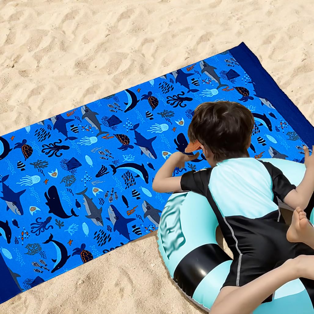 Kids Beach Towel Velour Terry Blanket Throw 100% Cotton Super Soft Absorbent 25.5X51 inches for Bath Swimming Sports Camping Holiday Picnic, Bus Coconut Parasol Lounge Audio Player.