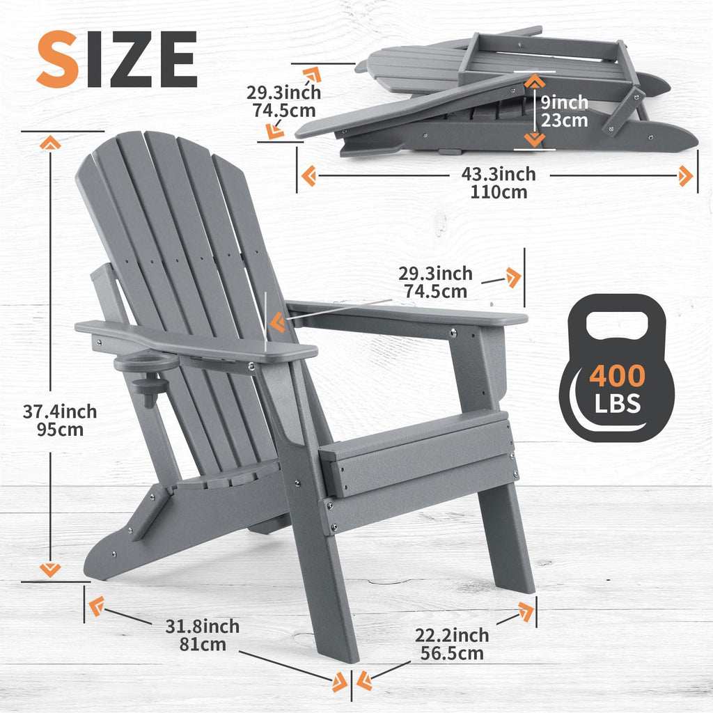 FUNBERRY Folding Adirondack Chair, Fire Pit Chairs with Cup Holder | HDPE All Weather, Quick-Folding, No Rot or Rust or Crack, UV Fade Shield, 400LBS Weight Capacity, Easy-Clean for Outside