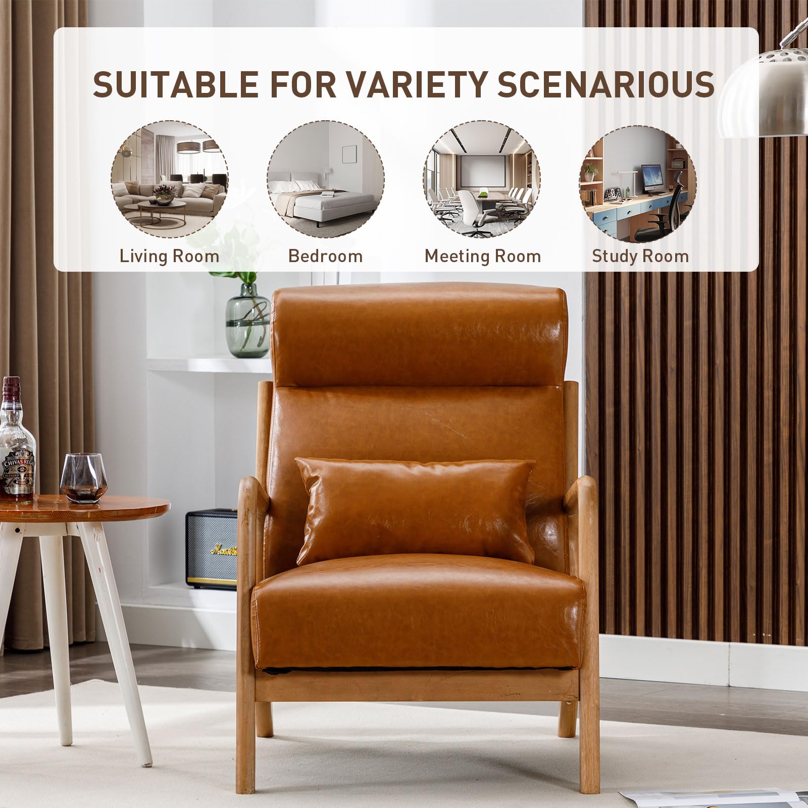 ANJ Mid Century Modern Accent Chair, Comfy Fabric Living Room Chairs with Solid Wood Frame, Lounge Reading Armchair, Easy Assembly, Beige