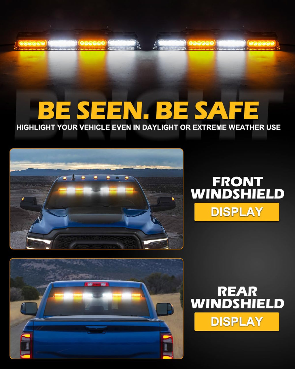 HLauto 604N Emergency Dash Strobe Lights: 2x16.8 inch Amber White Security Light w/Take Down, 48 LED Safety Flashing Warning Hazard Interior Windshield Light Bar for Truck Vehicle