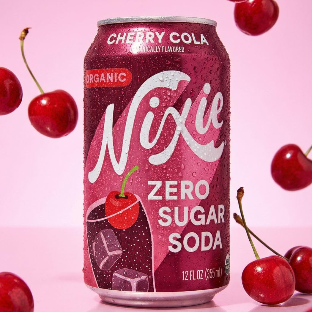 Nixie Organic Zero Sugar Soda, NEW Cherry Cola, Healthy Soda Pop, Non-GMO, 0 Sugar, 0 Calories, 40mg Caffeine, 12oz Cans (12 Pack)