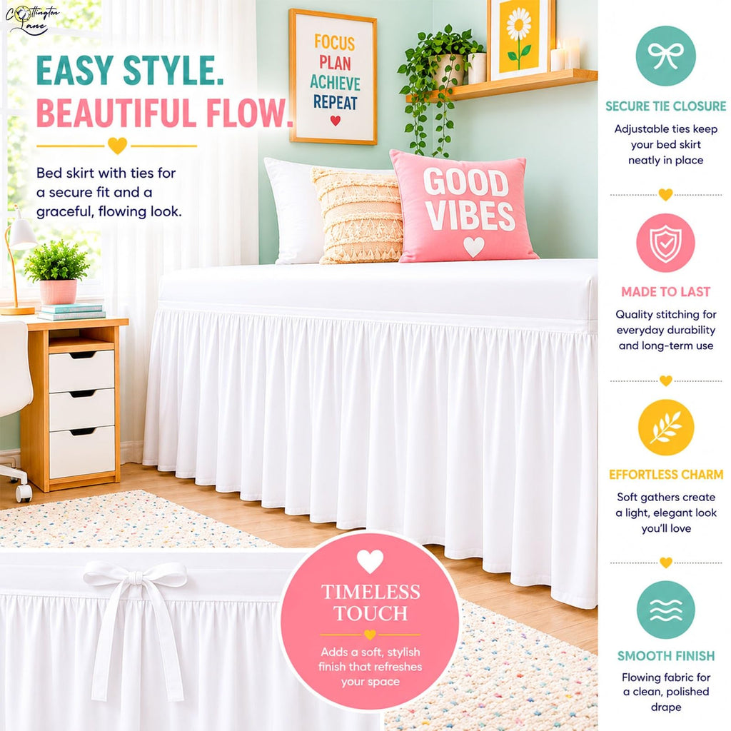 Cottington Lane Ruffled Dorm Room Bed Skirt Twin XL 25 Inch Drop, Hotel Quality Premium Brushed Microfiber Twin Extra Long College Dust Ruffle, White