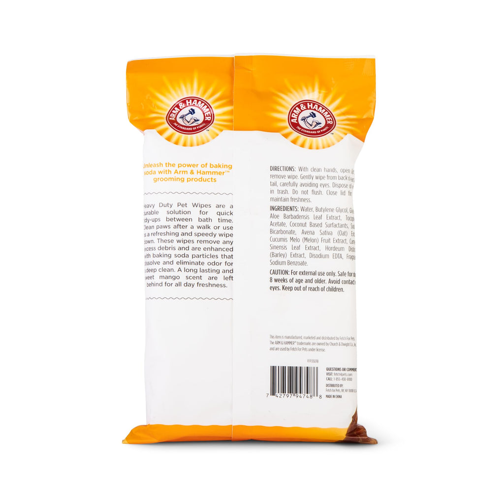 Arm and Hammer for Pets Heavy Duty Multipurpose Dog Bath Wipes, Mango Scent, Travel Size - All Purpose Wipes That Remove Odor and Refresh Dog Coat Between Baths, 30 Count