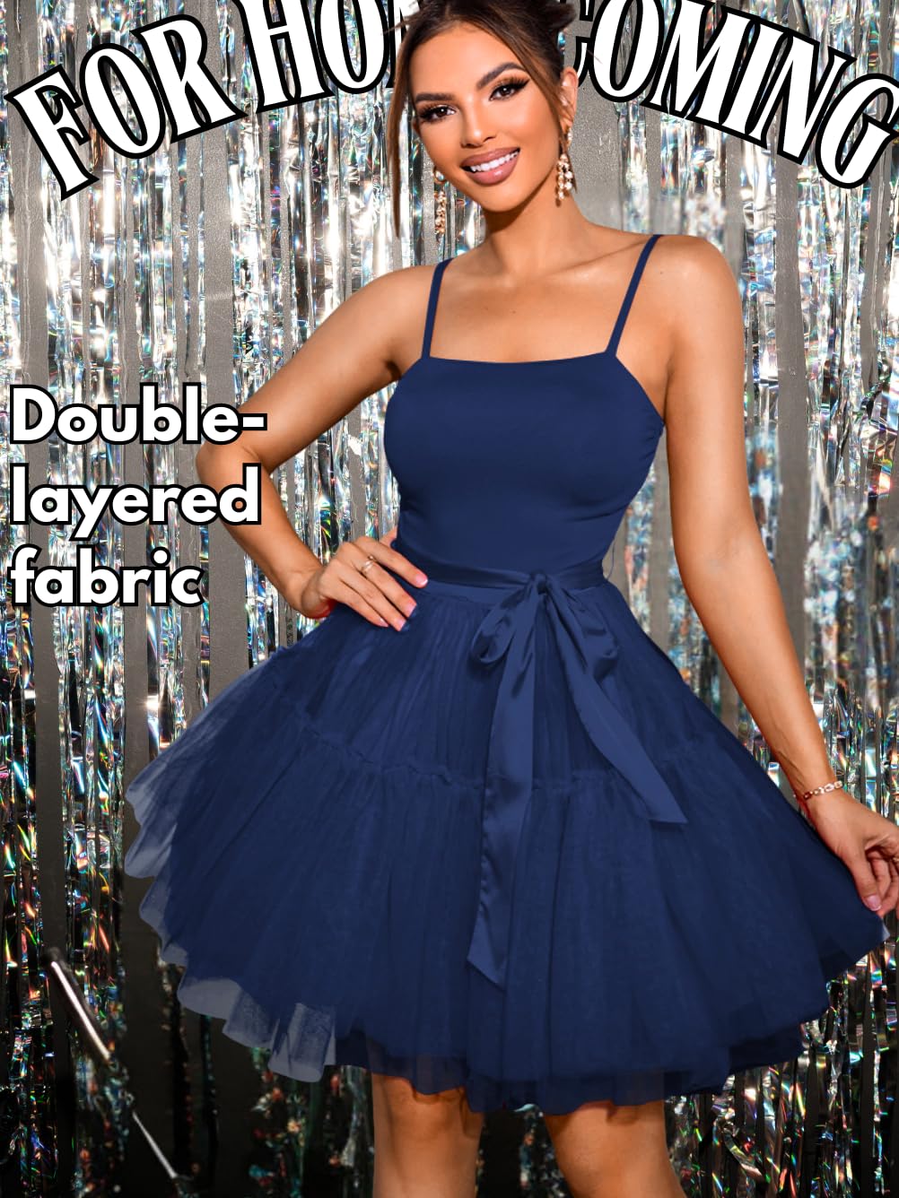 Kaei&Shi Poofy Short Tulle Dress,Spaghetti Strap Semi Formal Dresses for Women,Elegant Birthday Outfit Homecoming Cocktail