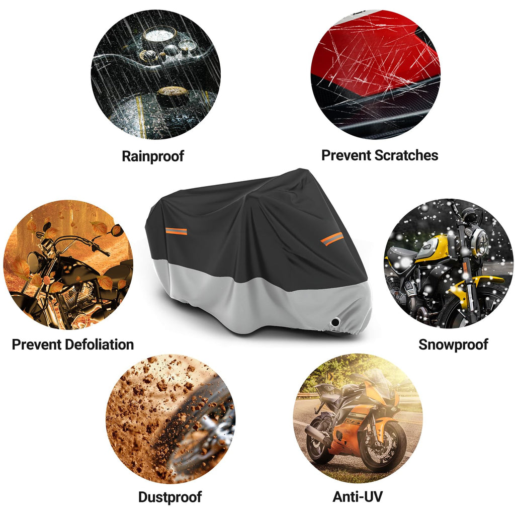 Favoto Motorcycle Cover Waterproof Outdoor All Weather Snow Rain Dust UV Protection Motorcycle Tarp with Lock-Holes ＆ Storage Bag Moped Cover with Night Reflective Strips Fits up to 86.6"