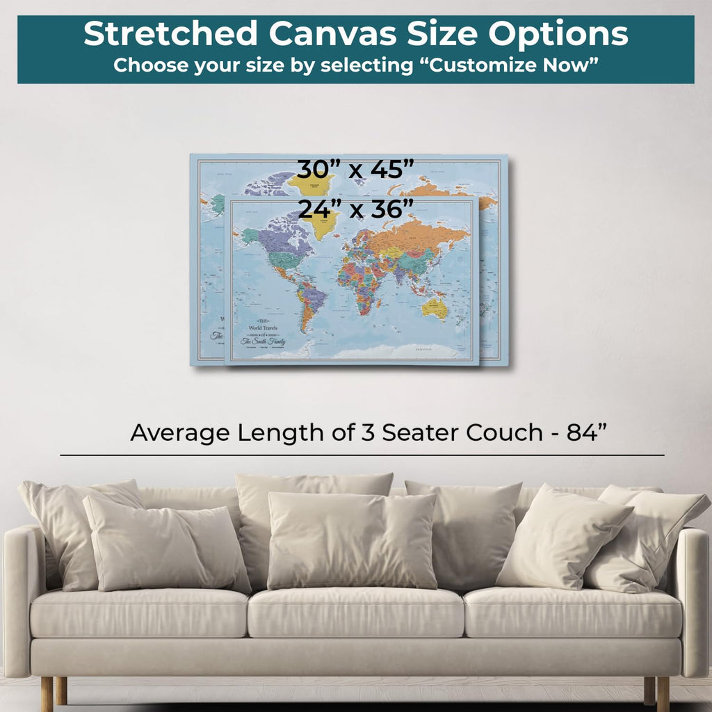 Personalized Canvas Rolled Poster World Map Wall Art with Pins – Large 24" x 36" Blue Oceans Map of the World – Push Pin Travel Decor for Home or Office