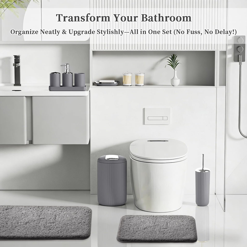 XLHOMO 24 PCS Black Bathroom Accessories Set with Shower Curtain and Rugs, Bathroom Decor Set with Trash Can, Toilet Brush, Soap Dispenser, Toothbrush Holder, Tumbler, Soap Dish and Jars