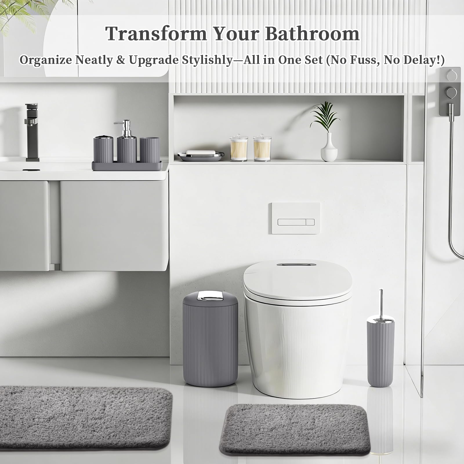 XLHOMO 24 PCS Black Bathroom Accessories Set with Shower Curtain and Rugs, Bathroom Decor Set with Trash Can, Toilet Brush, Soap Dispenser, Toothbrush Holder, Tumbler, Soap Dish and Jars