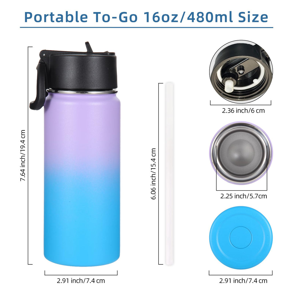 Volhoply Kids Insulated Water Bottle with Straw,16oz Stainless Steel Cold Water Bottles for School,BPA-Free Metal Wide Mouth Cups with Handle Lid,Reusable Double Wall Vacuum Sport Flask(Black,1)
