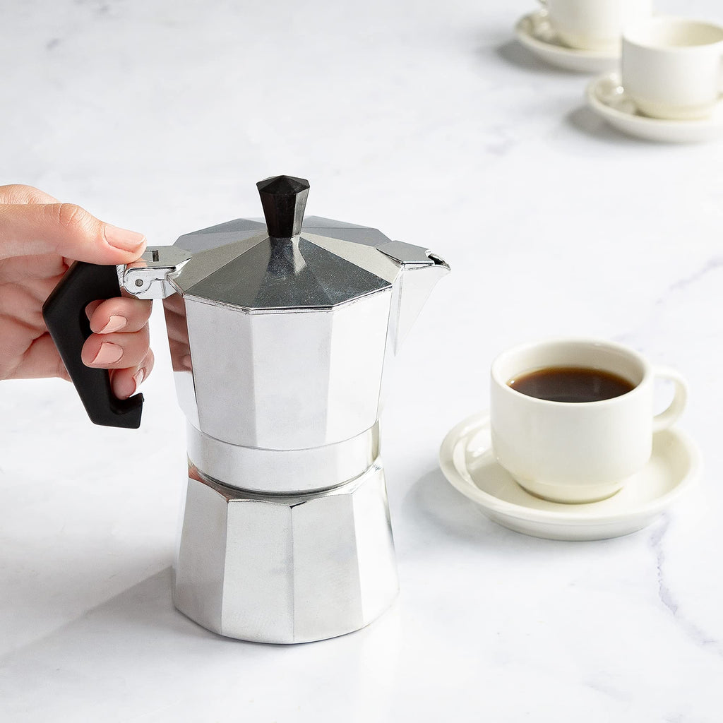 Primula Classic Moka Pot Stovetop Espresso and Coffee Maker, Italian and Cuban Cafetera for Rich Espresso Brewing, Durable Aluminum Greca Coffee Maker with Easy Grip Handle, 6-Cup, Black