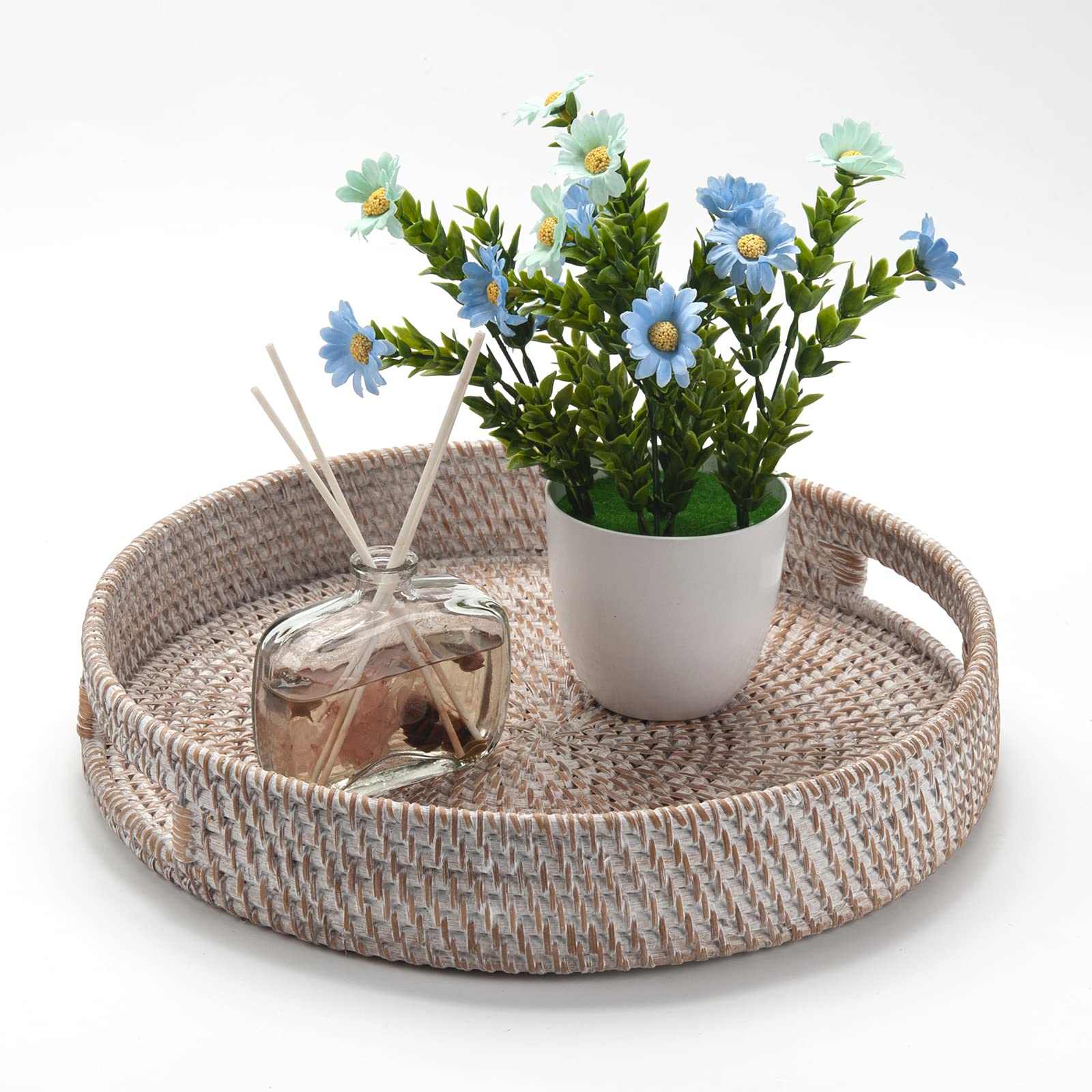 Round Rattan Serving Tray Decorative Woven Ottoman Trays with Handles for Coffee Table Natural (Small 11.8 inch x 2 inch)