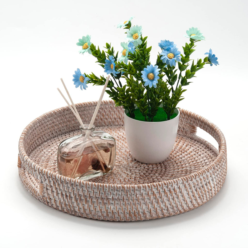 Round Rattan Serving Tray Decorative Woven Ottoman Trays with Handles for Coffee Table Natural (Small 11.8 inch x 2 inch)