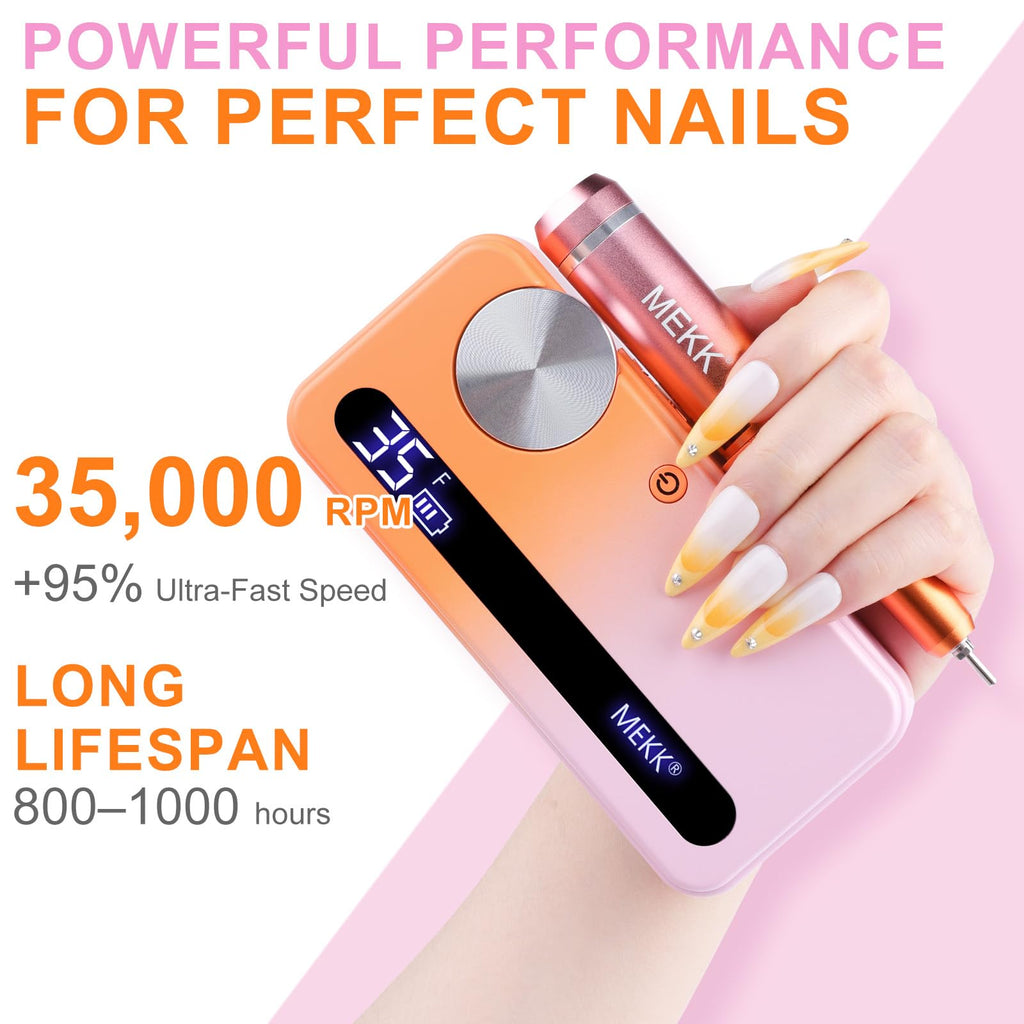 MEKK Nail Drill Kit,35000RPM Electric Nail Drill Professional Electric Nail File with 12PCS Bits,Anti-Shaking Cordless E Filer for Nails with LCD Display,Home & Salon (Orange Blue)
