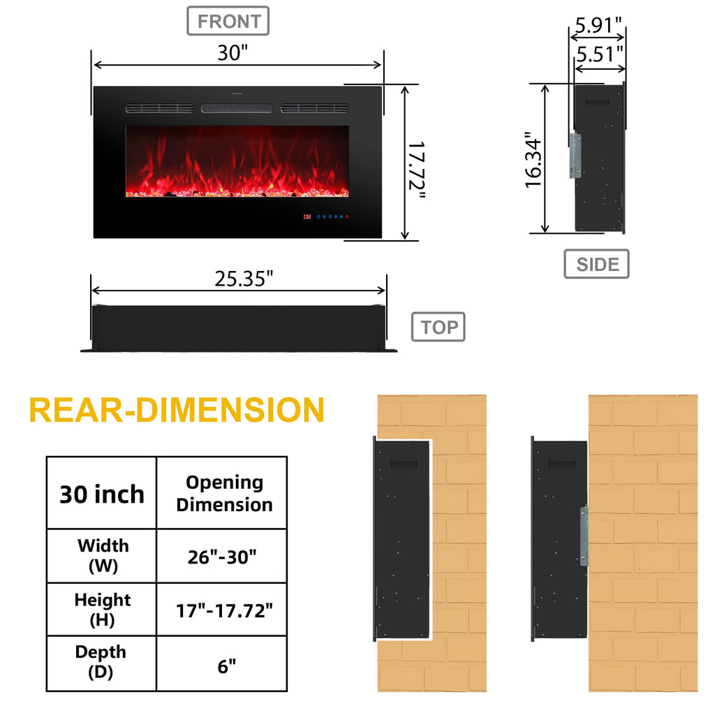 30 Inches Electric Fireplace Inserts, Recessed and Wall Mounted Fireplace Heater for Indoor Use with Remote Control, 13 Color Flames with Log &Crystal, 9H Timer, 750/1500W