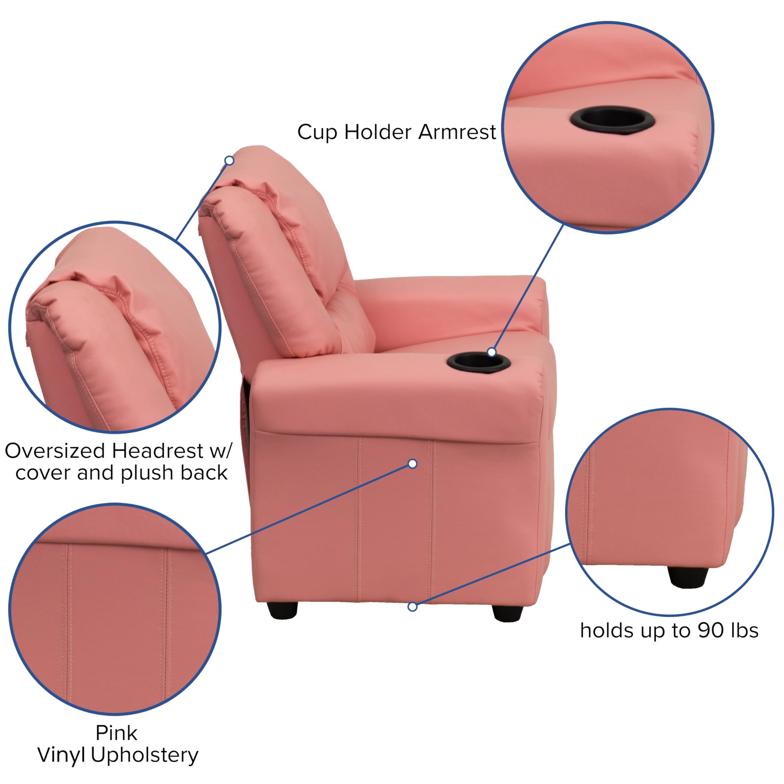 Flash Furniture Vana Vinyl Kids Recliner with Cup Holder, Headrest, and Safety Recline, Contemporary Reclining Chair for Kids, Supports up to 90 lbs., Beige