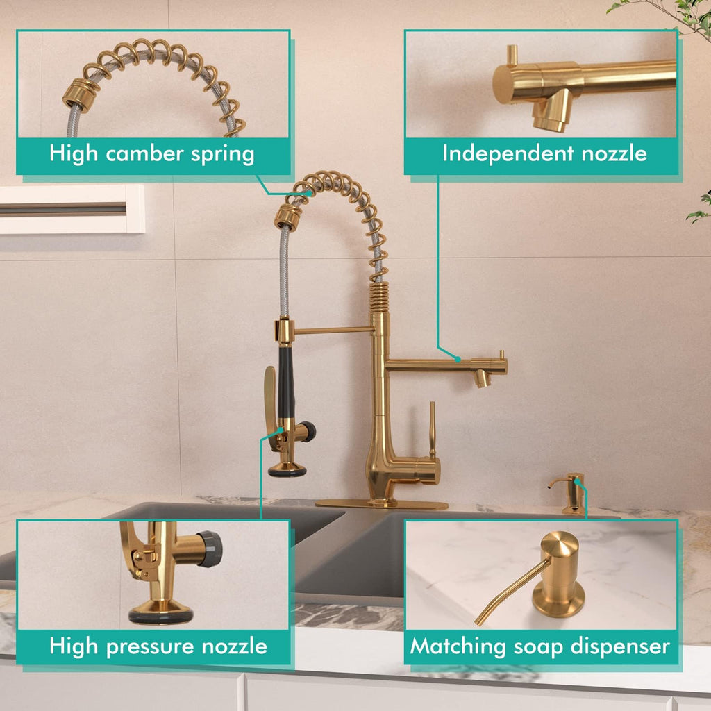 GIMILI Black and Gold Kitchen Faucet with Pull Down Sprayer Single Handle High Pressure Kitchen Sink Faucet Commercial Double-Headed Stainless Steel Kitchen Faucets