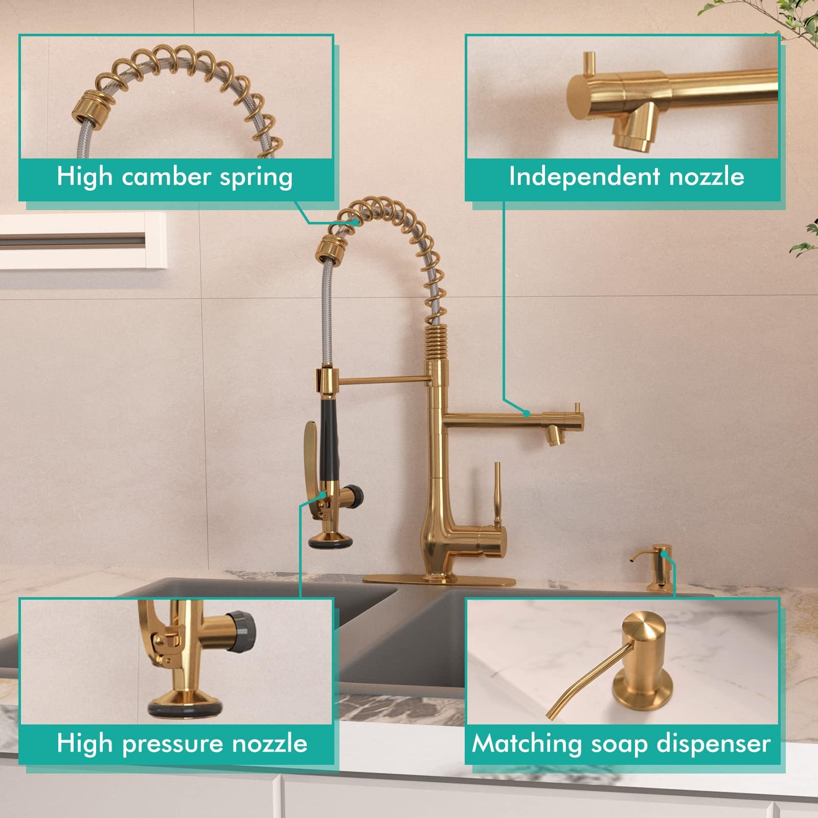 GIMILI Black and Gold Kitchen Faucet with Pull Down Sprayer Single Handle High Pressure Kitchen Sink Faucet Commercial Double-Headed Stainless Steel Kitchen Faucets